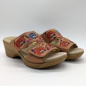 Alegria Linn tan red blue floral embroidered leather wedge slip on shoe 36